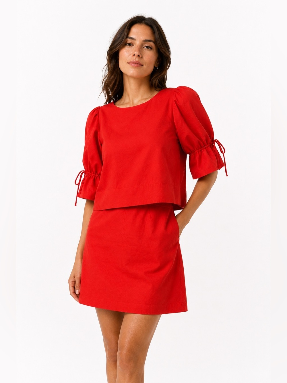 See By Chloe Red Cotton Puff Sleeve Dress Set Size 8 FR 40